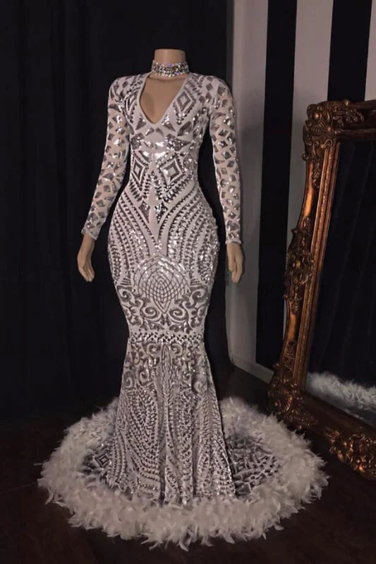Amazing Sequins V-Neck Long Sleeve Mermaid Prom Dresses