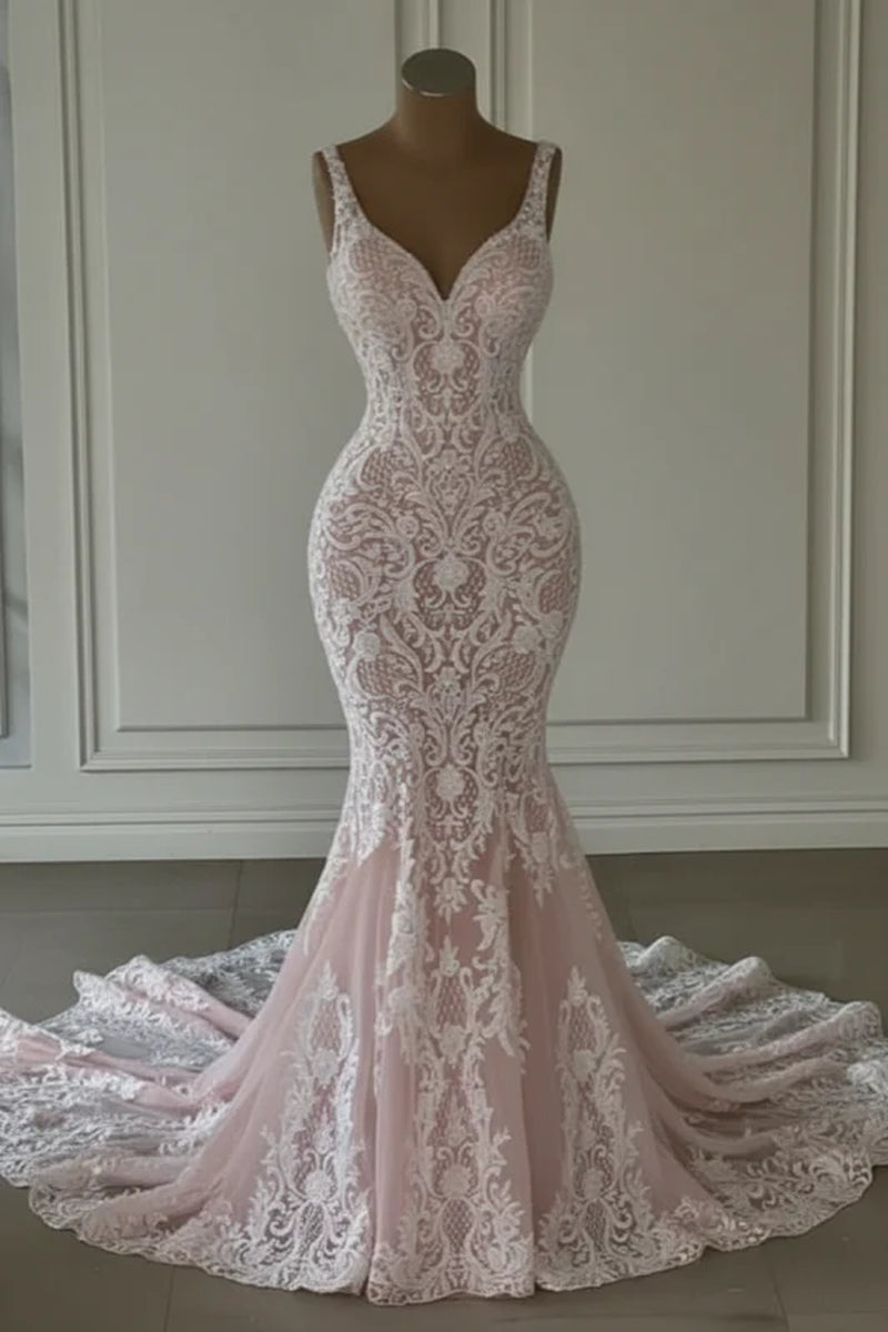 Mermaid Lace Sweetheart Wedding Dress V-Neck Long Bridal Dress with Train