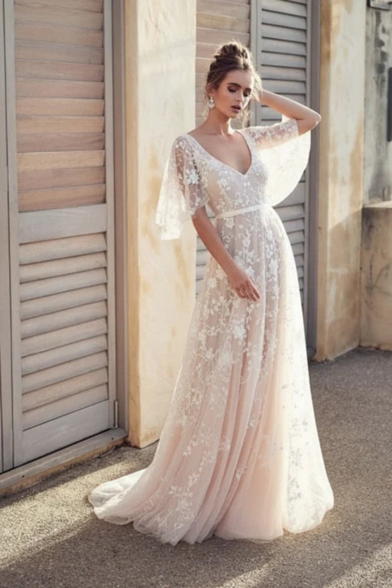 V Neck Half Sleeve Lace Boho Wedding Dresses