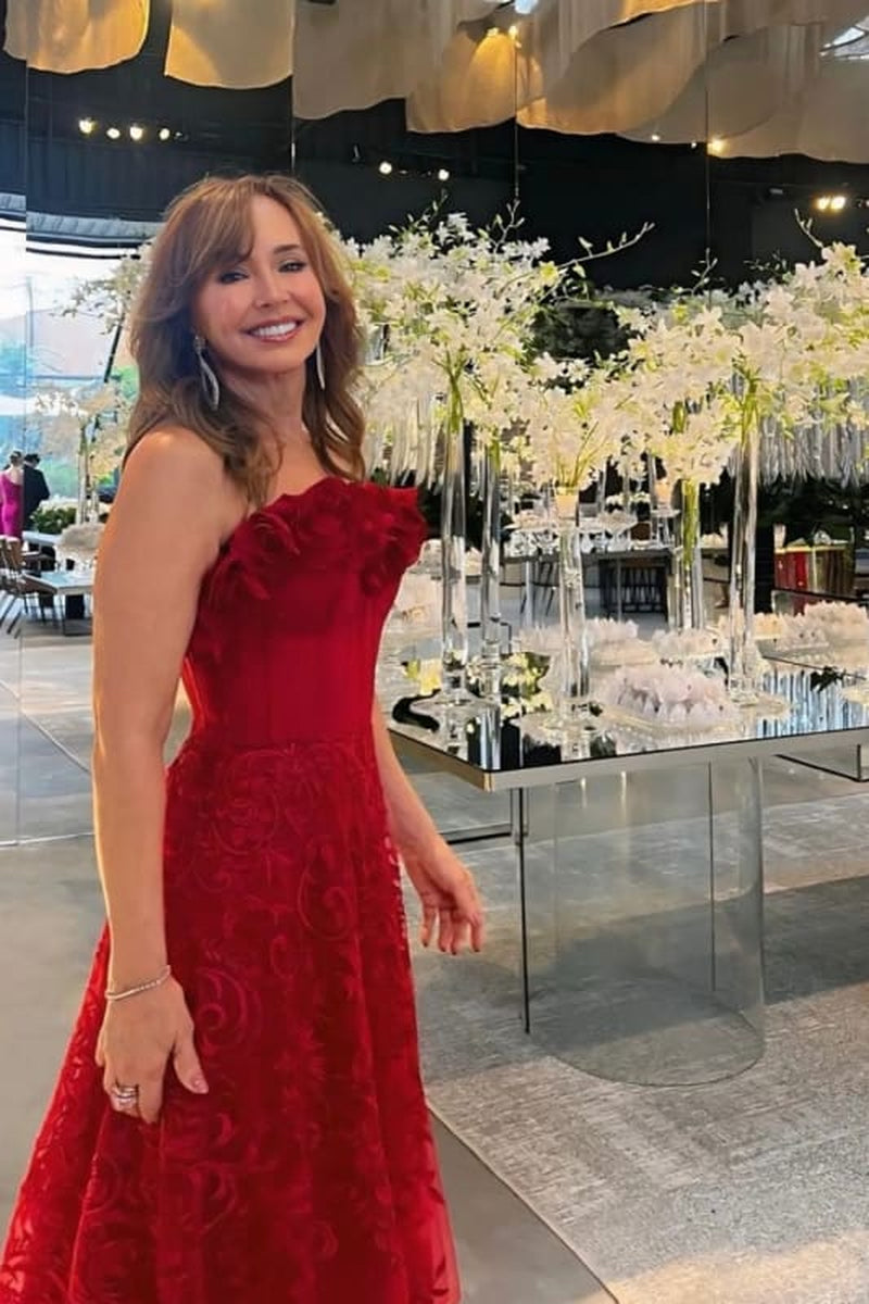 Off-The-Shoulder Red Aline Wedding Guest Dress with Flowers