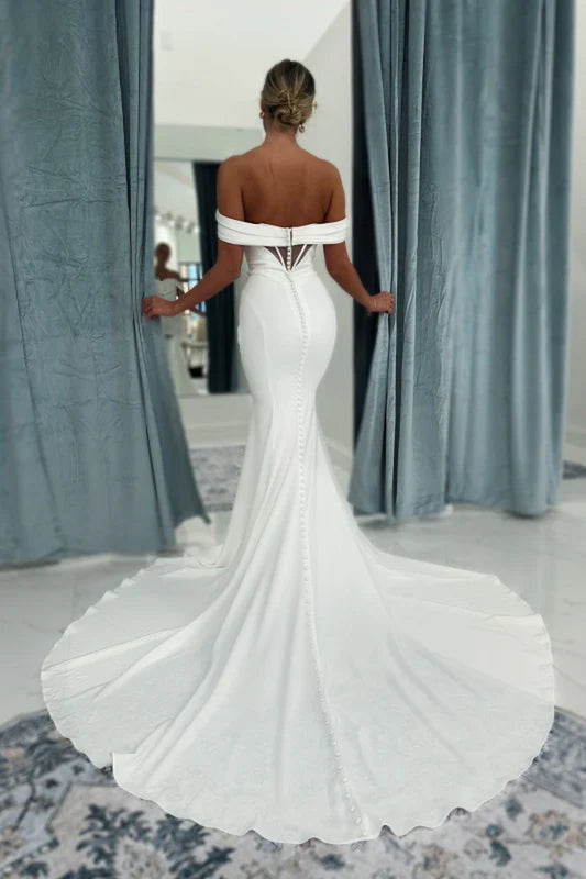Classy Off-The-Shoulder Ruched Floor-Length Mermaid Wedding Dresses
