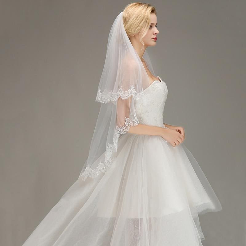 Lace Edge Short with Comb Two Layers Wedding Veils | Bridelily