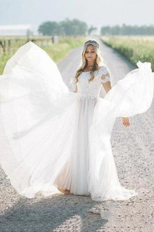 Elegant Short Sleeves Lace Tulle Wedding Dresses
