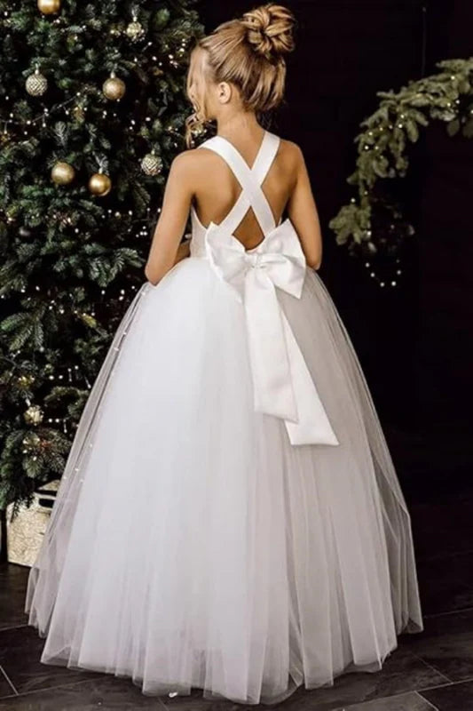 White Flower Girl Dress Satin Long Tulle Dress Toddler Girl Christmas Dress with Bow First Communion Dresses