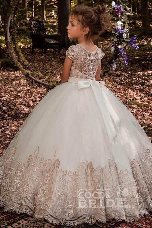 Scoop Neck Short Sleeves Ball Gown Flower Girls Dress