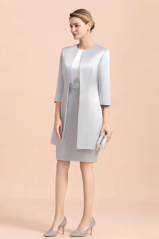 Silver Short Mother of the Bride Dress Knee-Length Two Pieces Wedding Guest Outfits
