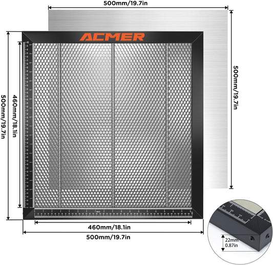 ACMER Laser Engraver Honeycomb Panel 500×500Mm,Honeycomb Cutting Table with Protective Aluminum Backing Plate for Desktop Safety, Compatible with Diode, CO₂ & Fiber Laser Engravers