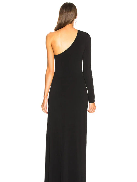 One Shoulder Black Long Prom with High Slit Black Velvet Formal Evening Dress