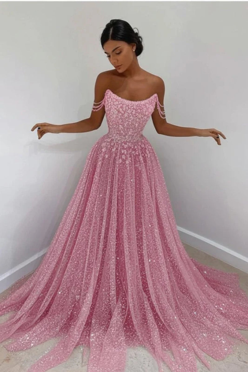 Sky Blue Off-The-Shoulder Prom Dress Long with Sequins