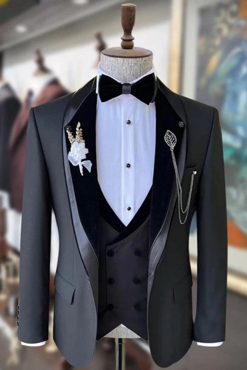 Chic Dark Gray Shawl Lapel Three Pieces Wedding Suits Wedding Party Groom Blazer Vest Pants