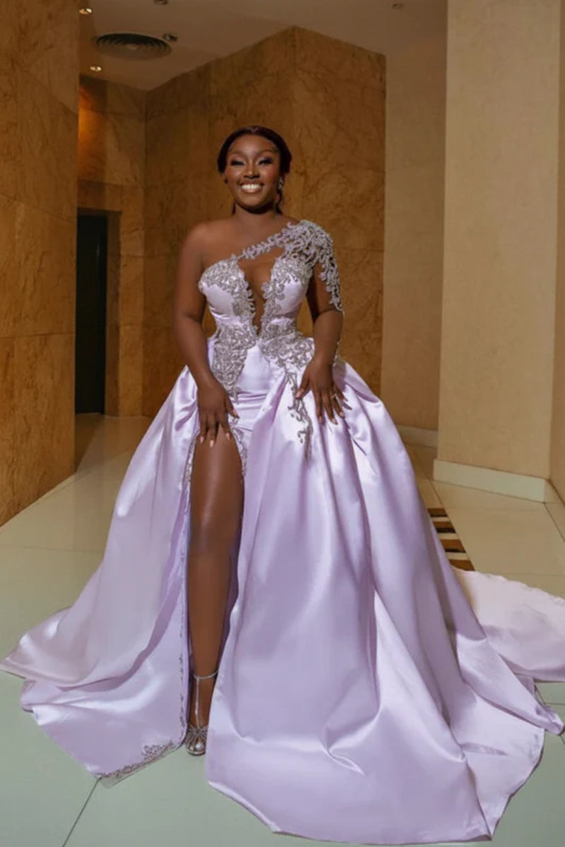 One Shoulder Satin Aline Wedding Dresses Front Slit Wedding Gown with Train