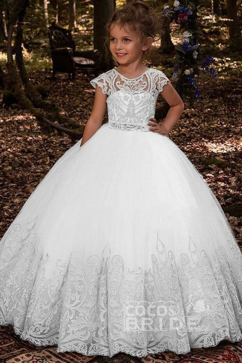 Scoop Neck Short Sleeves Ball Gown Flower Girls Dress