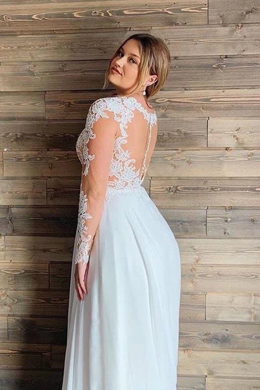 Gorgeous V-Neck Long Sleeves Lace Ruffles Wedding Dresses
