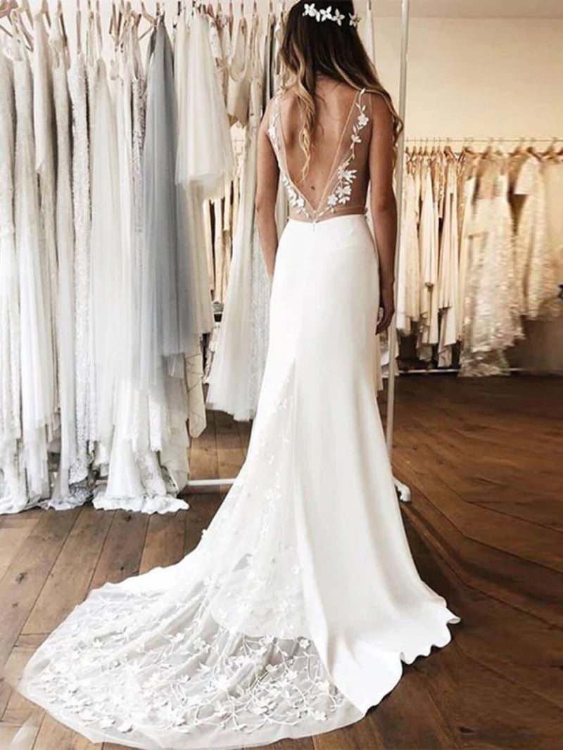Gorgeous V-Neck Lace Backless Mermaid Wedding Dresses