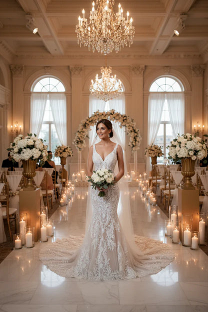 Mermaid Lace Sweetheart Wedding Dress V-Neck Long Bridal Dress with Train