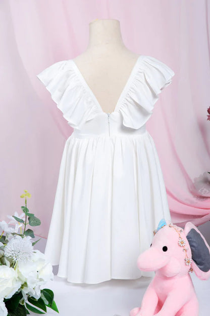 White Ruffle Sleeves Flower Girl Dress Pleated A-Line Little Girl Dress for Wedding Party