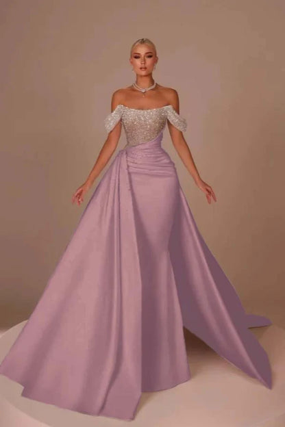 Chic Glitter Off-Shoulder Satin Mermaid Chapel Train Wedding Dress