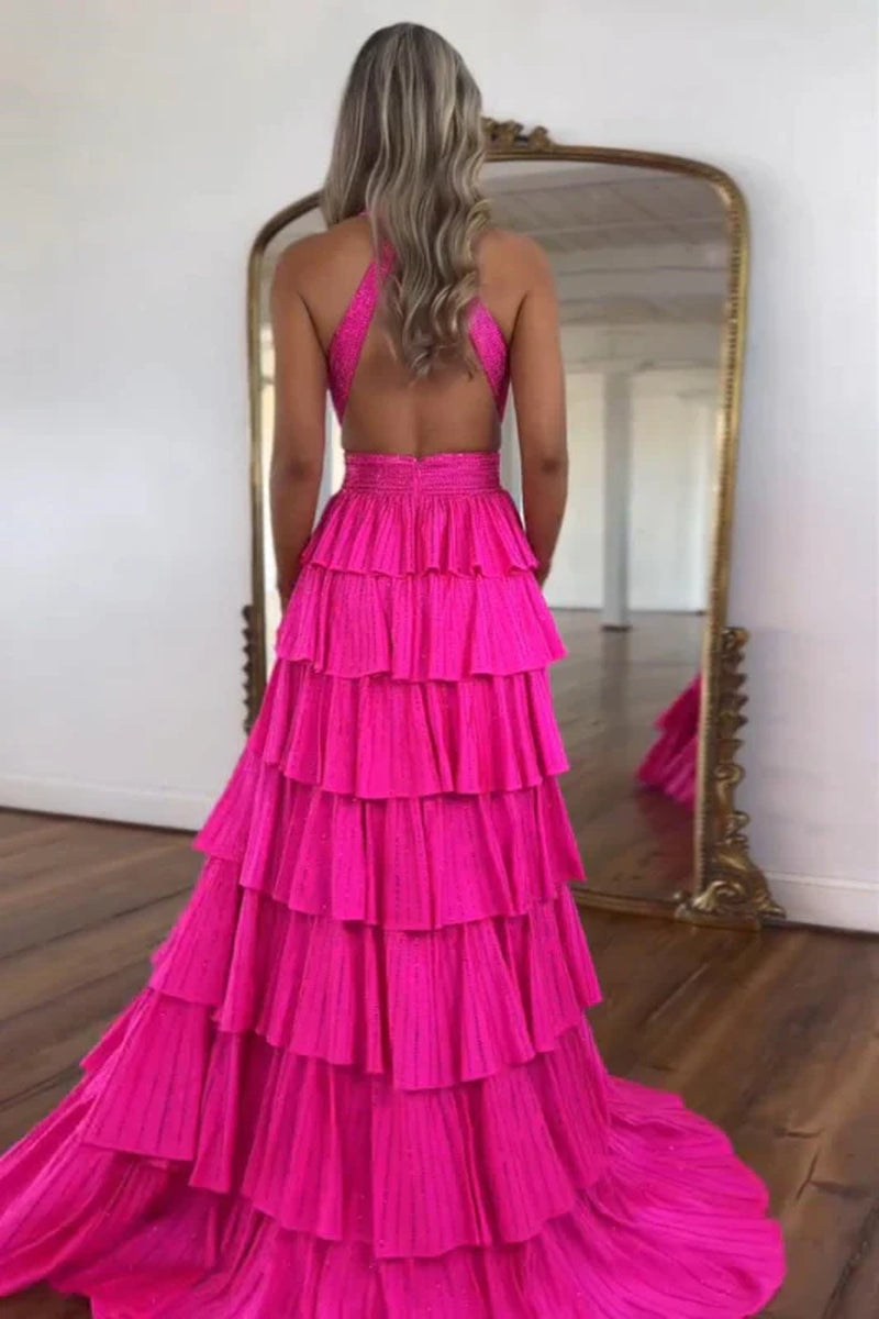 Halter Sequined Aline Prom Dress V-Neck Long Evening Dress with Split