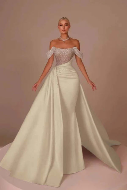 Chic Glitter Off-Shoulder Satin Mermaid Chapel Train Wedding Dress