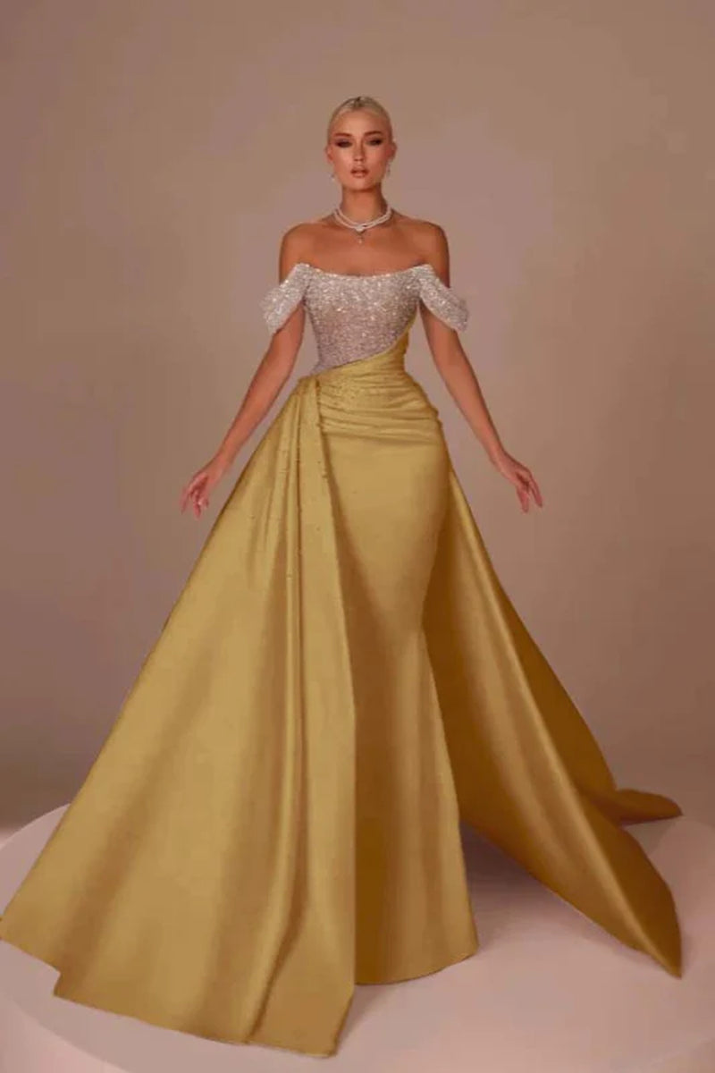 Chic Glitter Off-Shoulder Satin Mermaid Chapel Train Wedding Dress