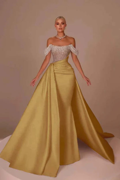Chic Glitter Off-Shoulder Satin Mermaid Chapel Train Wedding Dress