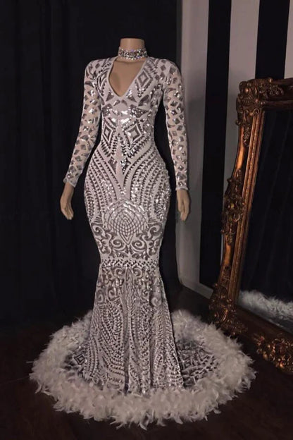 Amazing Sequins V-Neck Long Sleeve Mermaid Prom Dresses