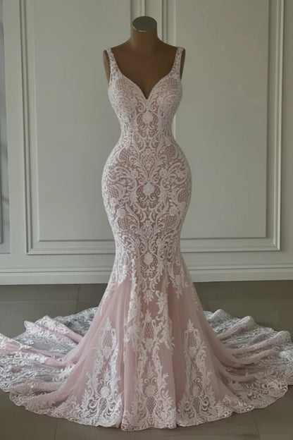 Mermaid Lace Sweetheart Wedding Dress V-Neck Long Bridal Dress with Train
