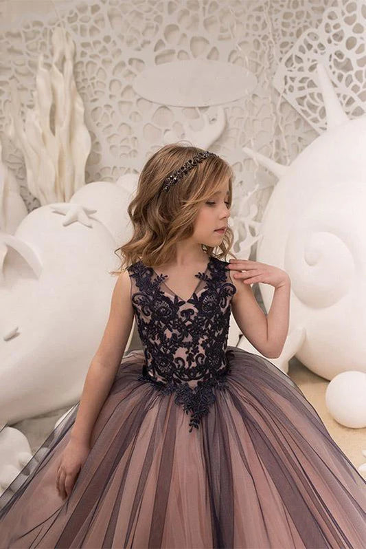 V-Neck Sleeveless Ball Gown Flower Girls Dress