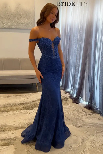 Off-The-Shoulder Mermaid Evening Dress Lace Prom Dress Long