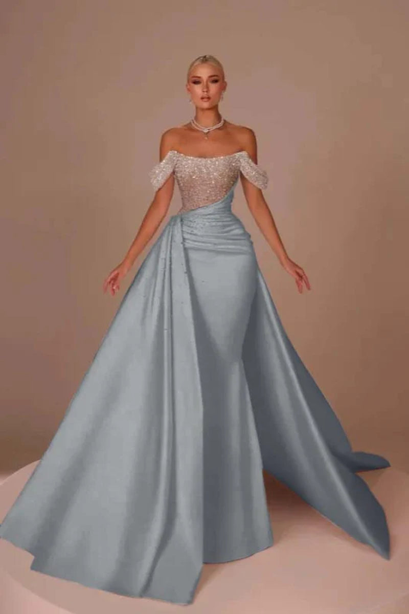 Chic Glitter Off-Shoulder Satin Mermaid Chapel Train Wedding Dress
