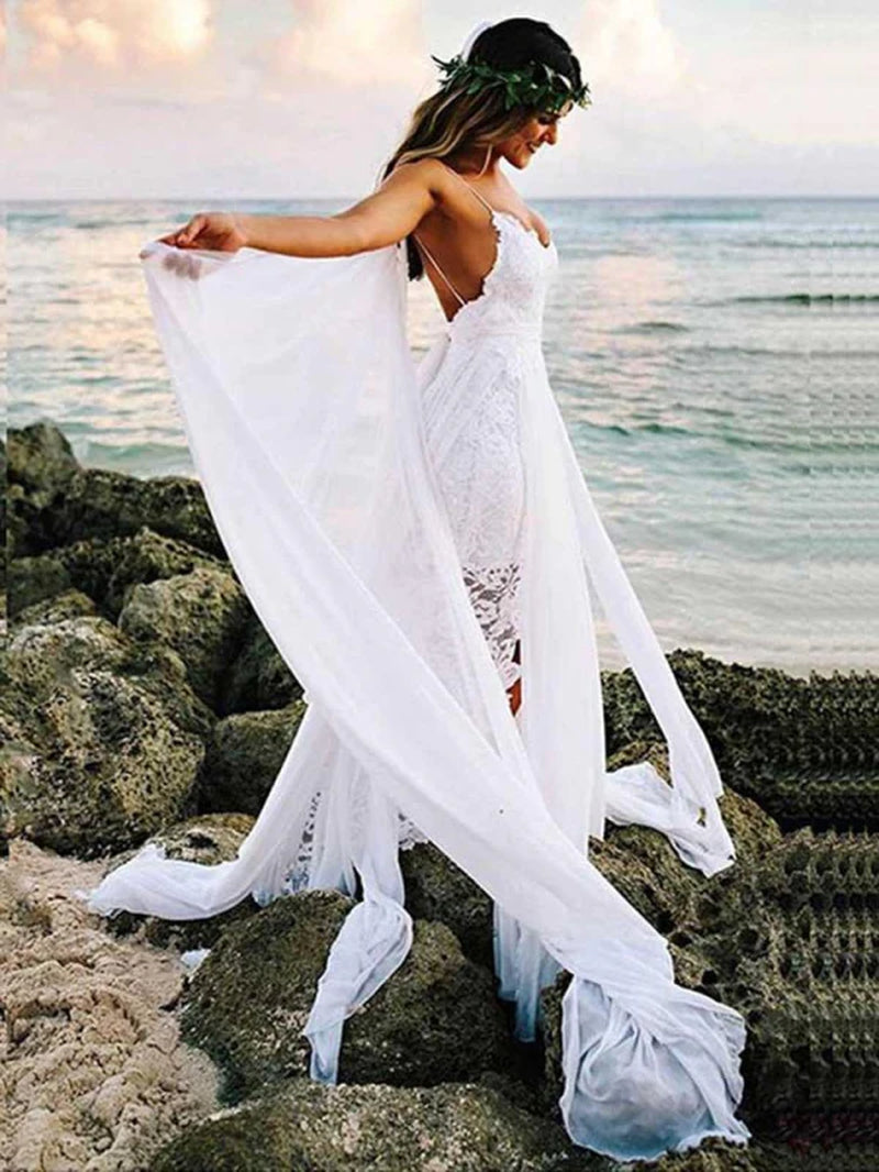 Lace White Boho Bohemian Wedding Dresses with Front Split