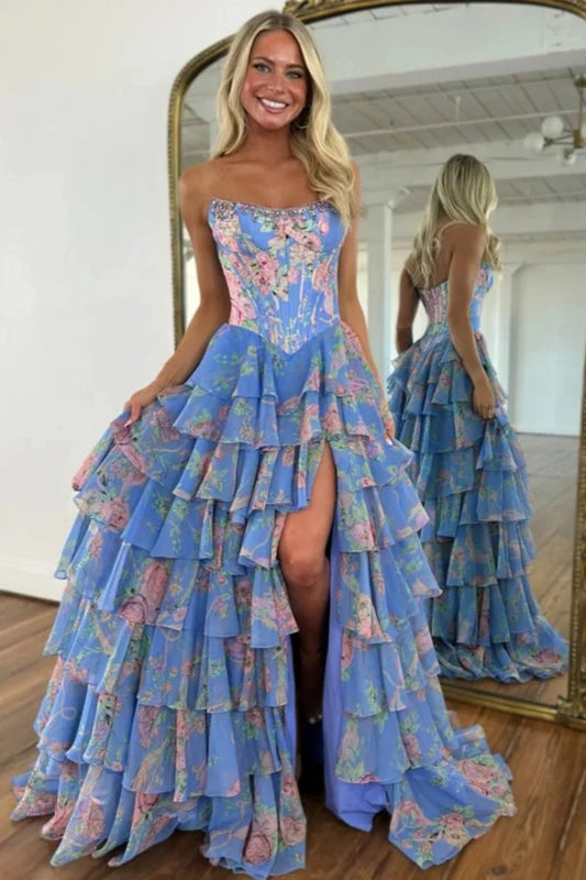 Strapless Floral Tulle Aline Evening Dress Front Split Corset Prom Dress