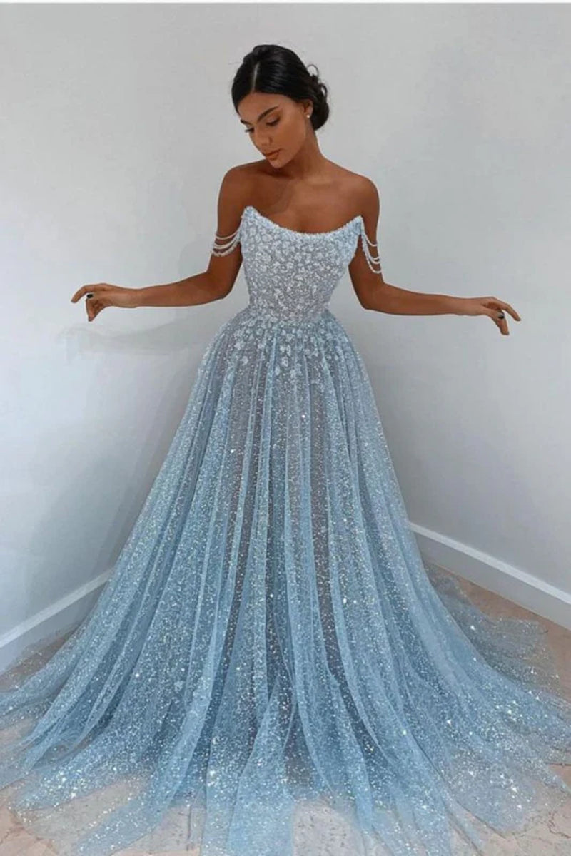 Sky Blue Off-The-Shoulder Prom Dress Long with Sequins