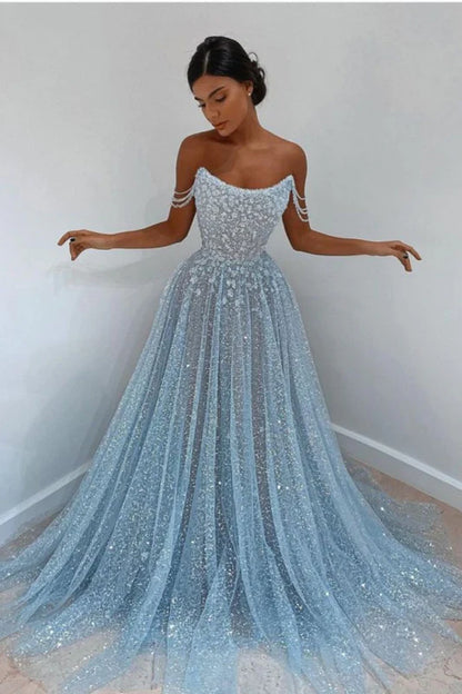 Sky Blue Off-The-Shoulder Prom Dress Long with Sequins