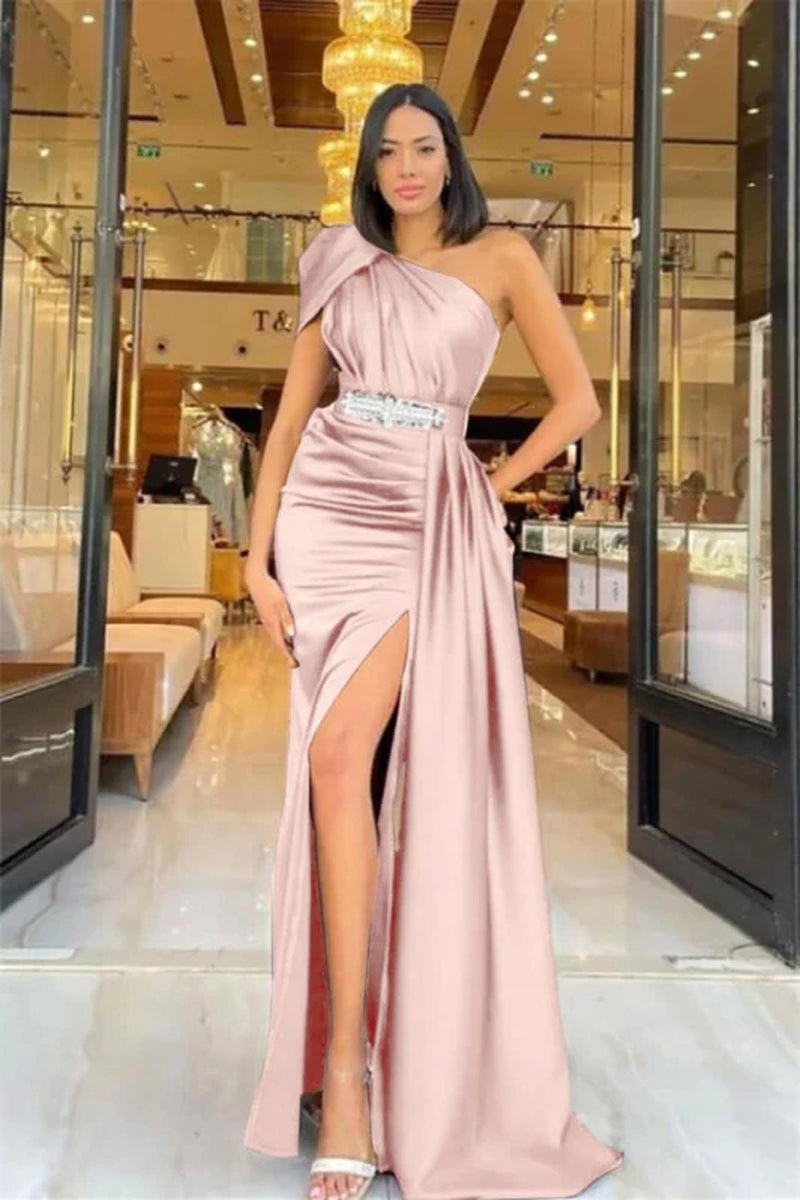 One Shoulder Satin Prom Dress Long with Split Ruffle Evening Dress