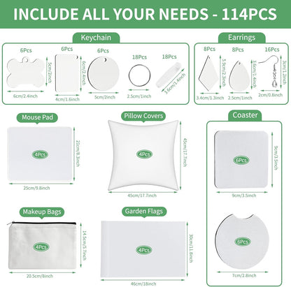 114Pcs Sublimation Blanks Products, Sublimation Blanks Set Including DIY Blank Makeup Bag, Keychain, Earring, Pillow Cover, Mouse Pad, Coaster, Garden Flag for Sublimation Transfer, Mother'S Day Craft