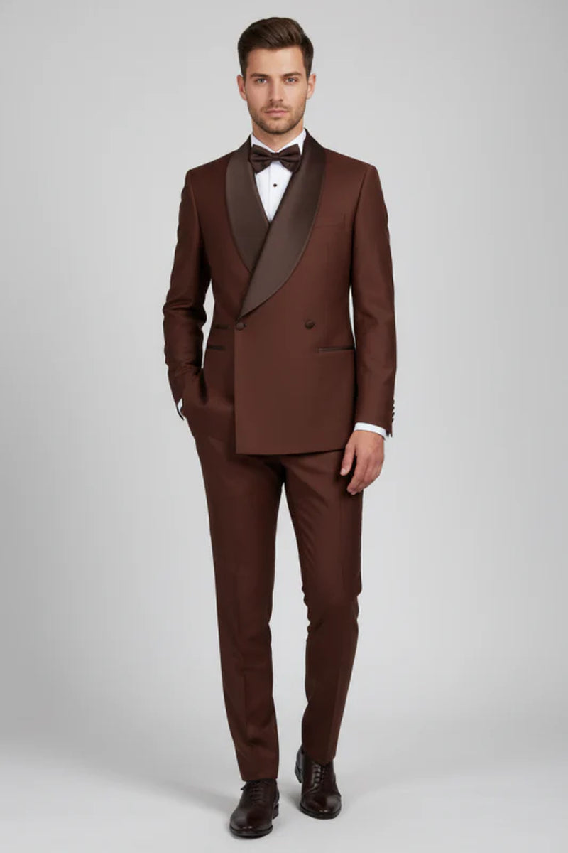 Coffee Shawl Lapel Double Breasted Wedding Suits Slim Fit Tuxedo 2 Pieces Blazers Pants