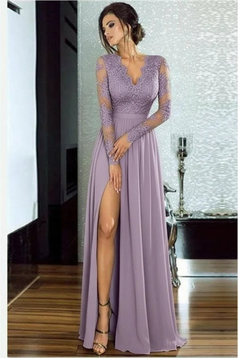 Bridelily A-Line Long Sleeves V-Neck Split Floor-Length Lace Appliques Prom Dresses
