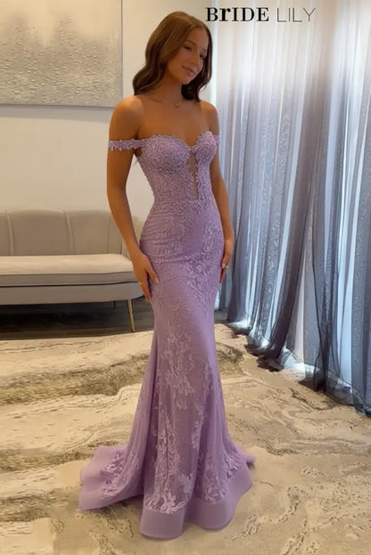 Off-The-Shoulder Mermaid Evening Dress Lace Prom Dress Long