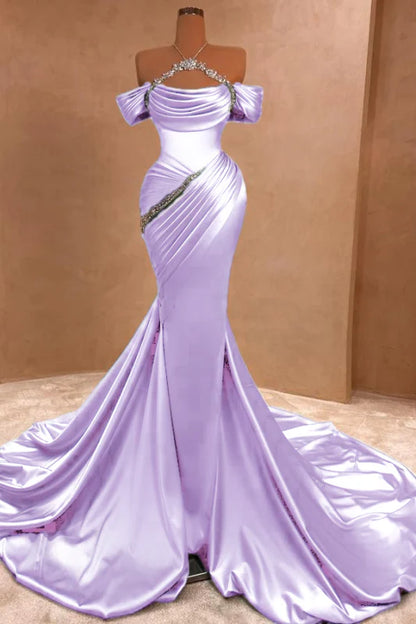 Chic Ruffle Satin Prom Dress Mermaid Off-The-Shoulder Beadings Long Party Gown