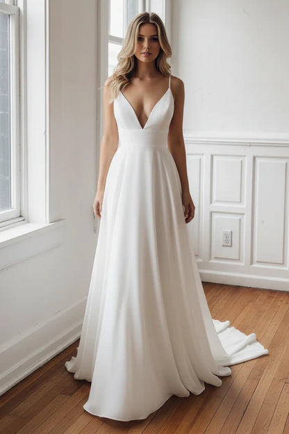 Simple V Neck Chiffon a Line Covered Button Boho Wedding Dresses