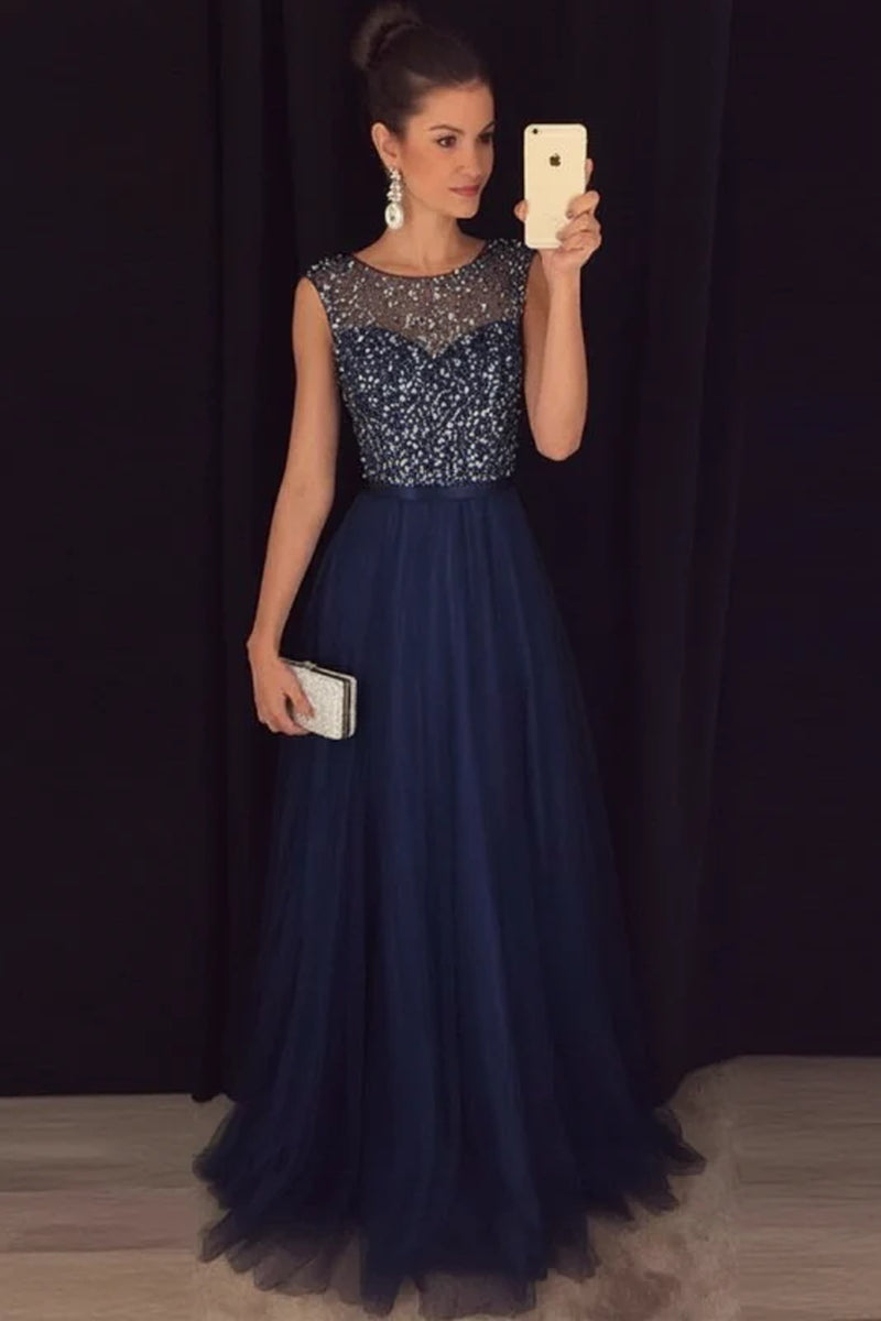 Elegant Gray A-Line Prom Dress Sequined Tulle Evening Gown