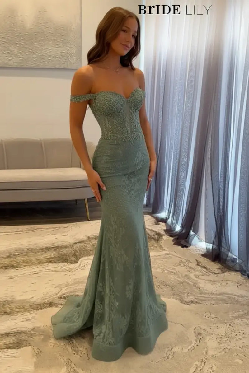 Off-The-Shoulder Mermaid Evening Dress Lace Prom Dress Long