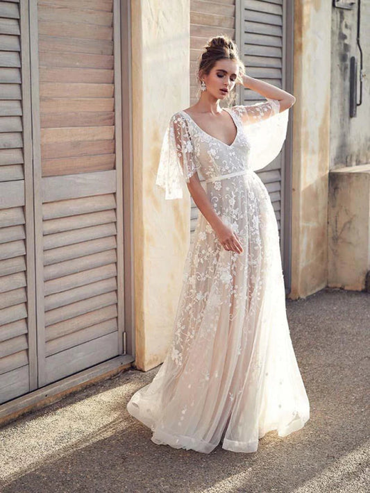V Neck Half Sleeve Lace Boho Wedding Dresses