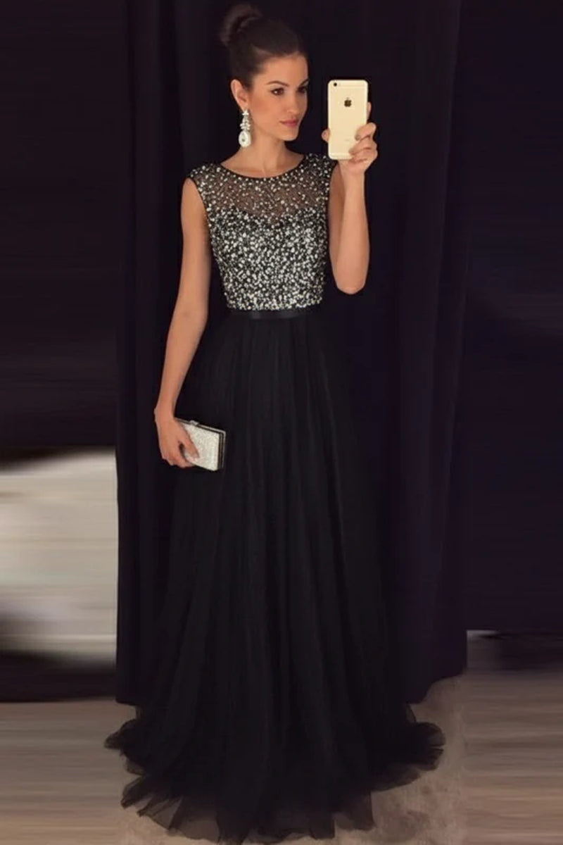 Elegant Gray A-Line Prom Dress Sequined Tulle Evening Gown