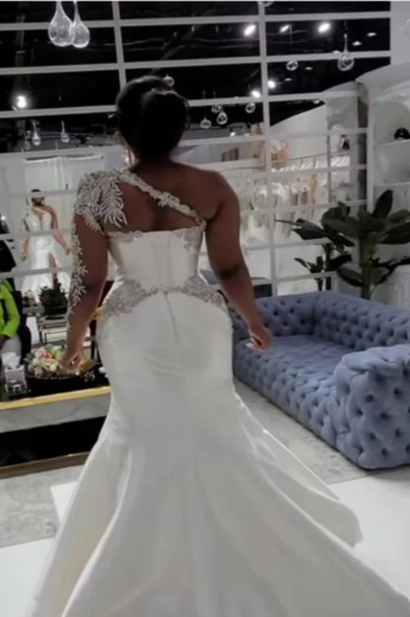 One Shoulder Satin Aline Wedding Dresses Front Slit Wedding Gown with Train