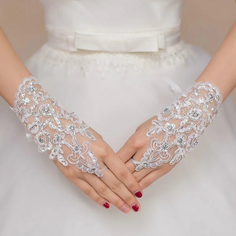 Short Fingerless Crystal Red Lace Wedding Gloves | Bridelily
