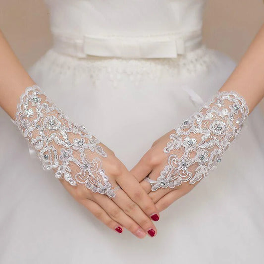 Short Fingerless Crystal Red Lace Wedding Gloves | Bridelily