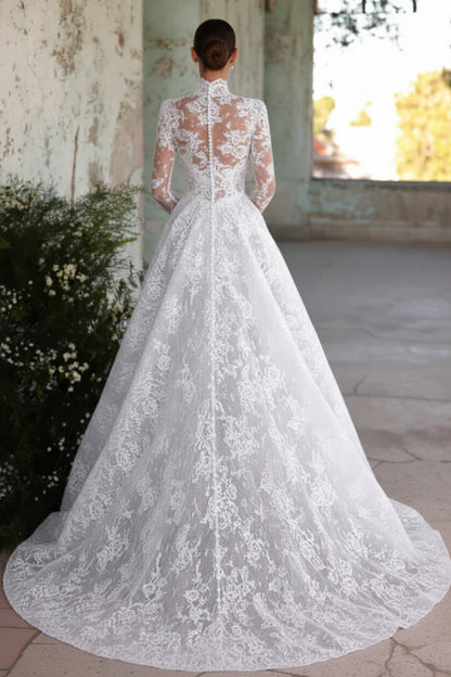 Elegant High Neck Long Sleeves A-Line Appliques Lace Wedding Dress