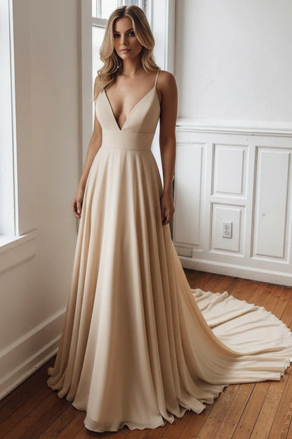 Simple V Neck Chiffon a Line Covered Button Boho Wedding Dresses